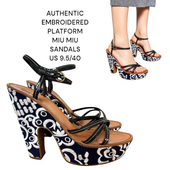 AUTHENTIC MIU MIU EMBROIDERED PLATFORM STRAPPY SANDALS US 9 1/2 EURO 40 - Picture 1 of 8